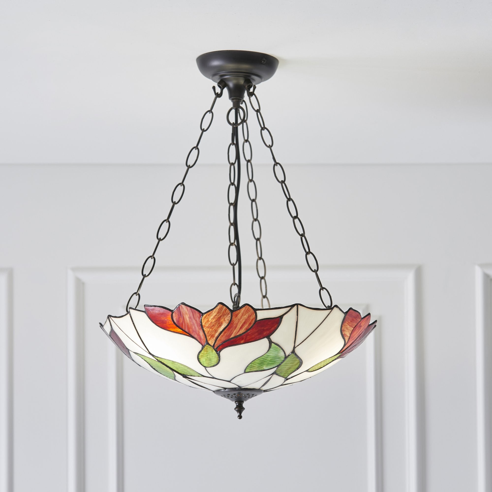 70946 Botanica Inverted 3 Light Pendant Tiffany Style Glass Bronze