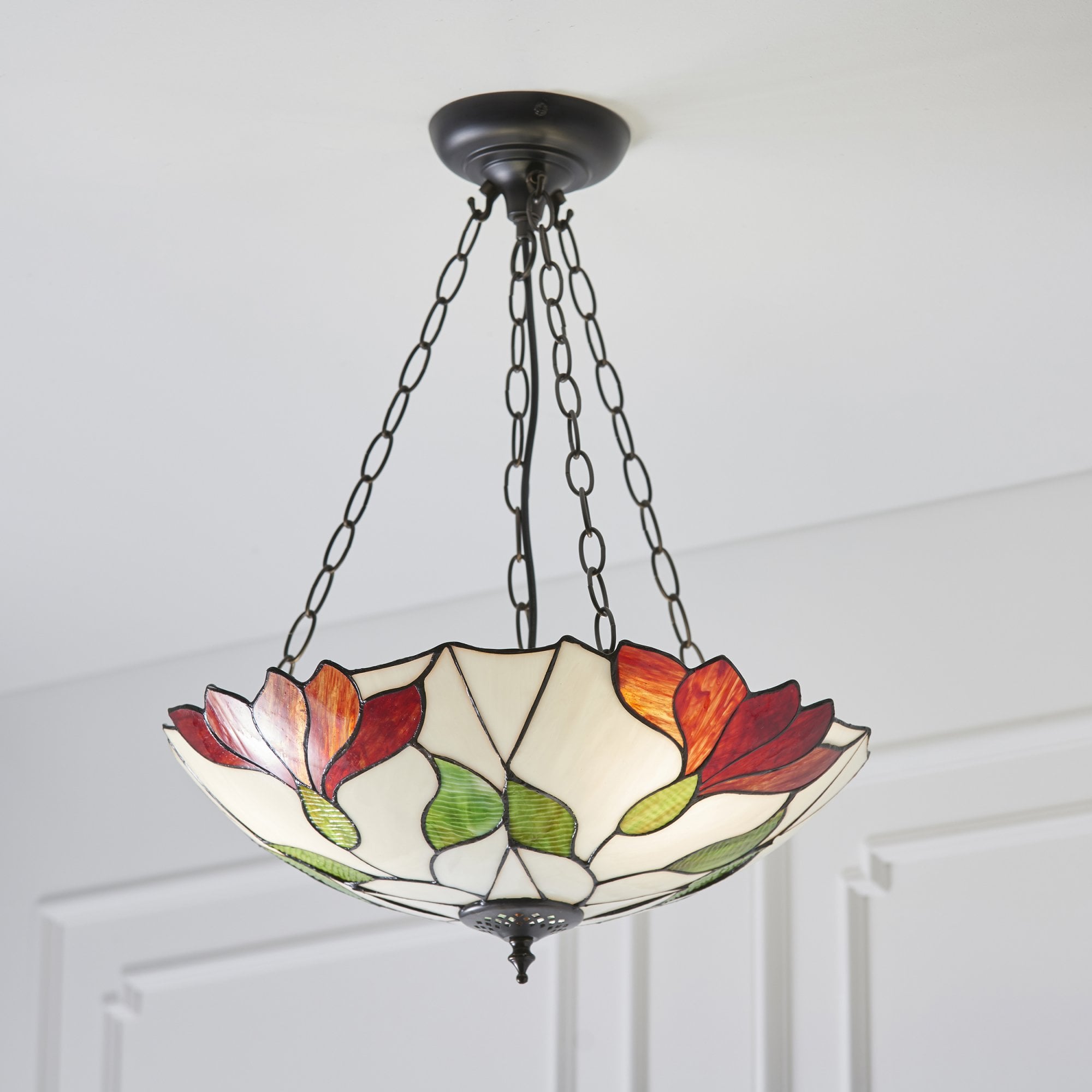 70946 Botanica Inverted 3 Light Pendant Tiffany Style Glass Bronze