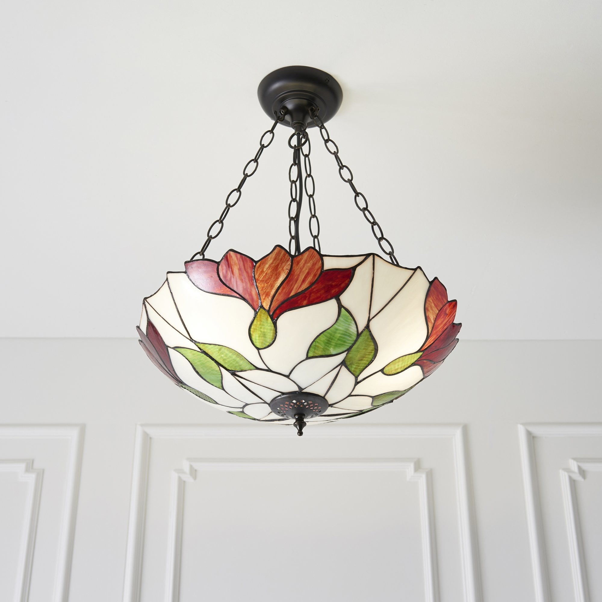 70946 Botanica Inverted 3 Light Pendant Tiffany Style Glass Bronze