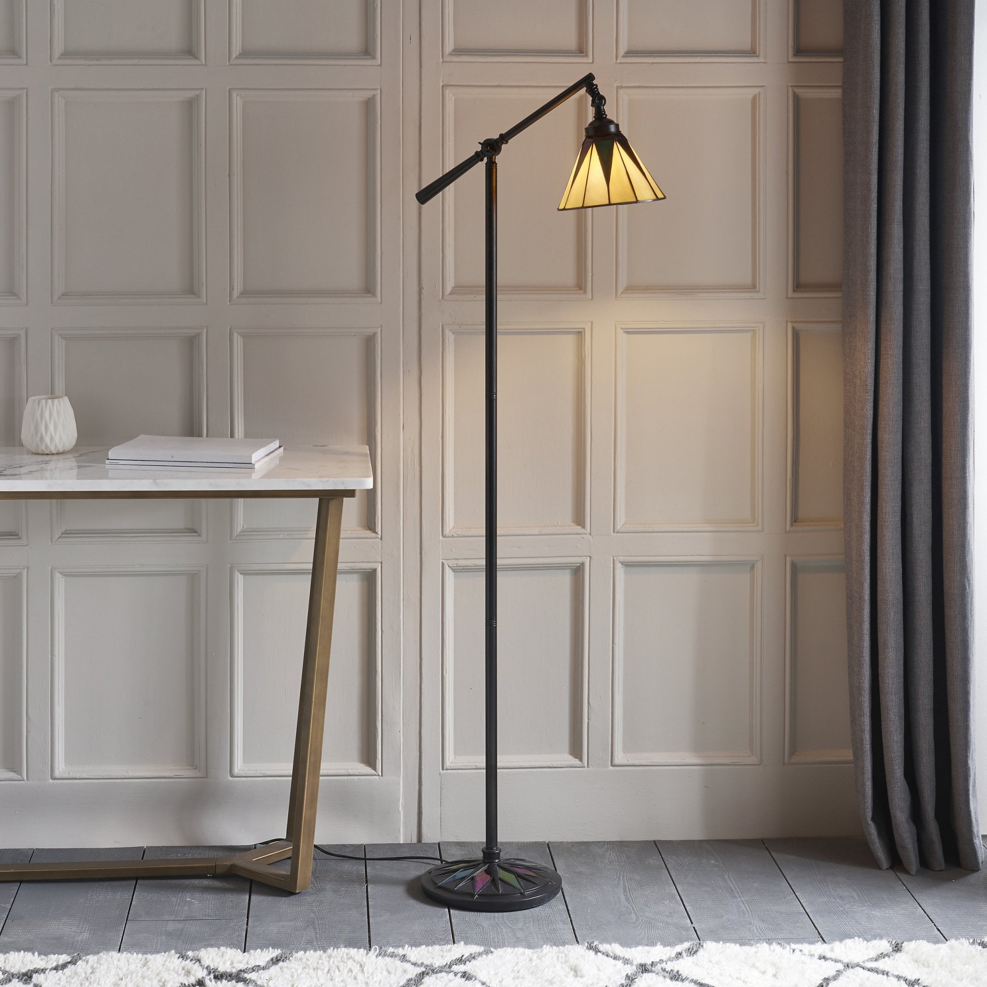 74355 Dark Star Task Floor Lamp Satin Black Tiffany Style Glass