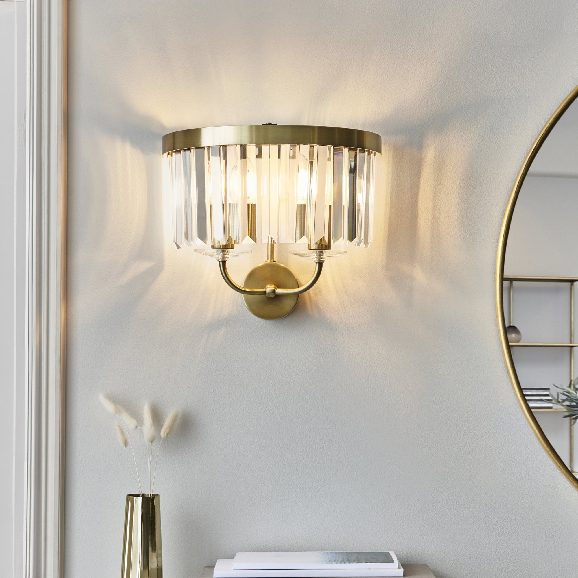 106450 2 Light Wall Light Antique Brass Plate & Clear Cut Glass