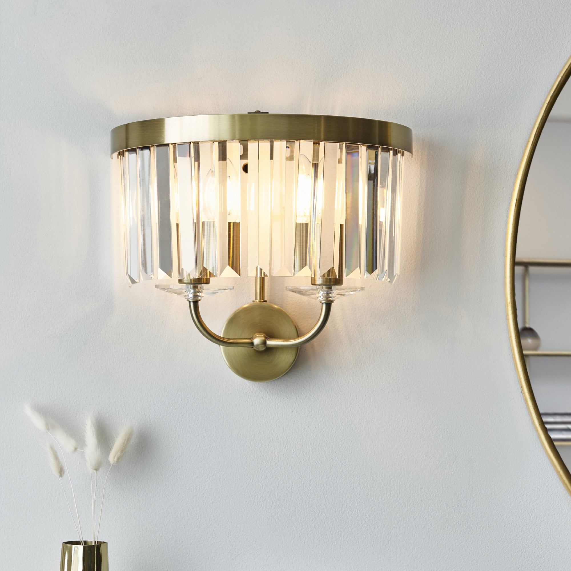 106450 2 Light Wall Light Antique Brass Plate & Clear Cut Glass