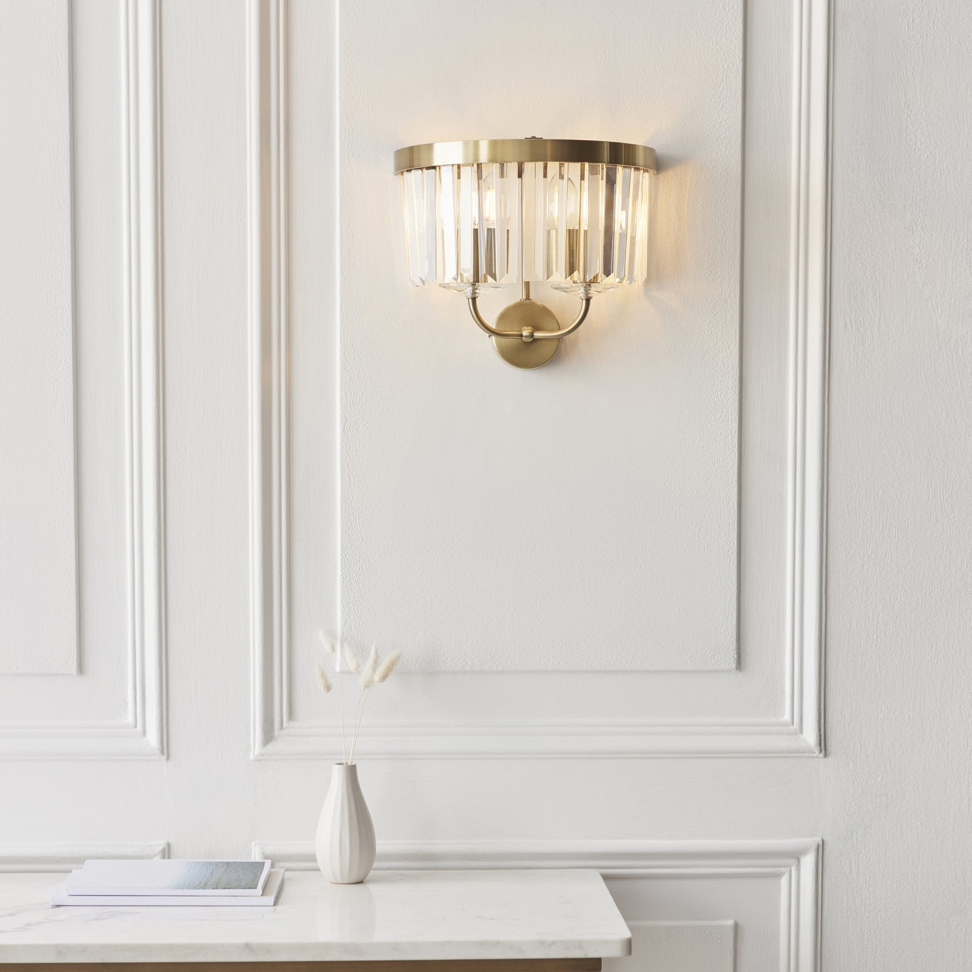 106450 2 Light Wall Light Antique Brass Plate & Clear Cut Glass