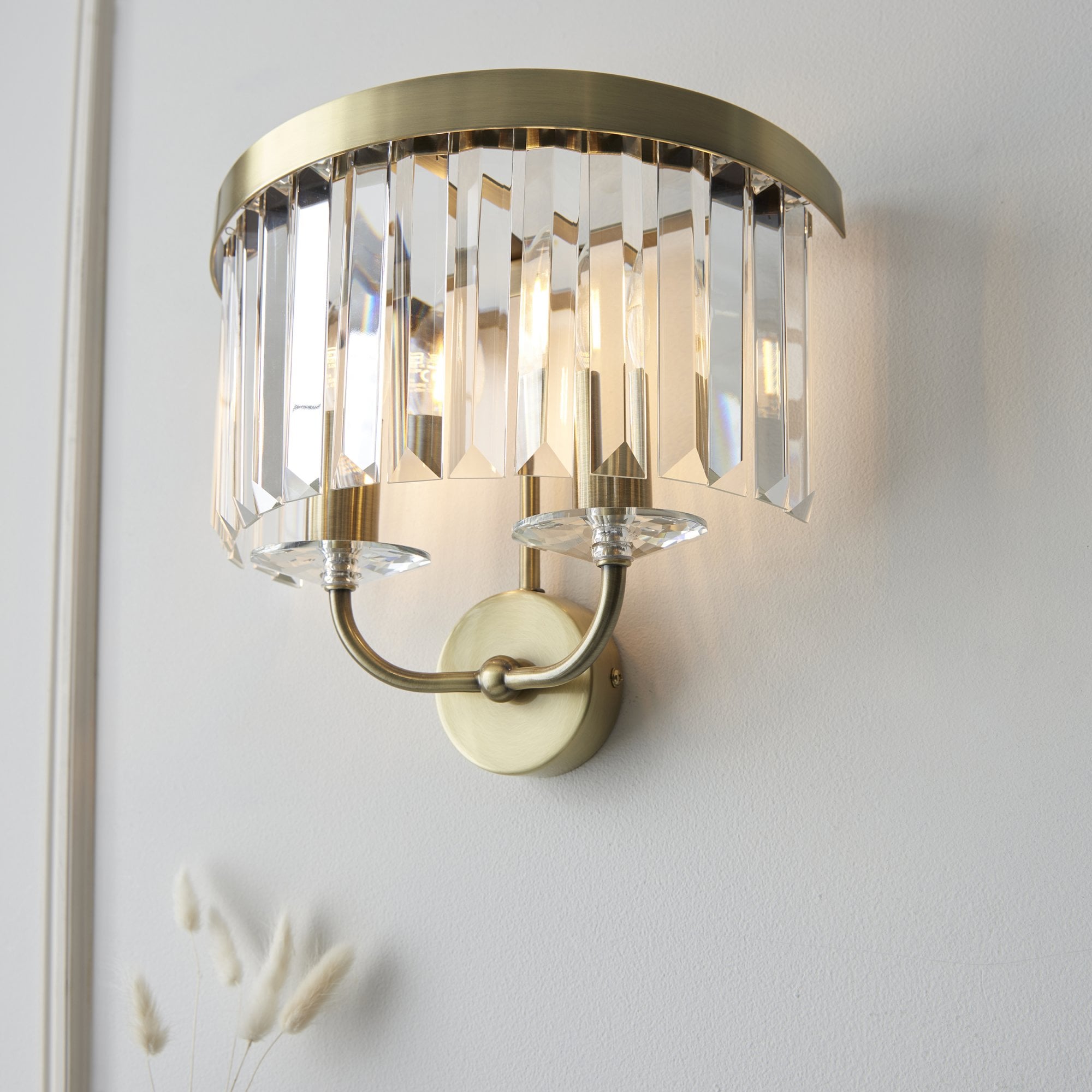106450 2 Light Wall Light Antique Brass Plate & Clear Cut Glass