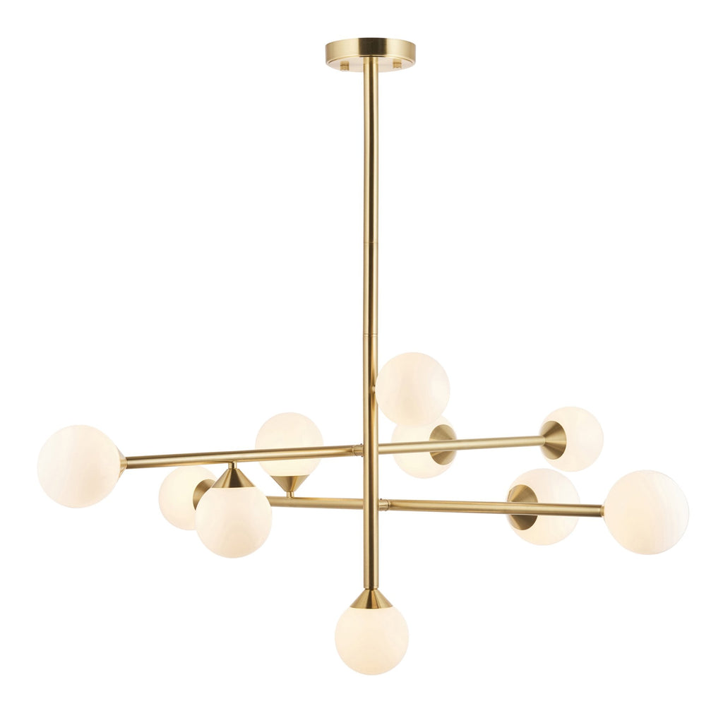 106754 10 Light Pendant Satin Brass Plate & Gloss White Glass