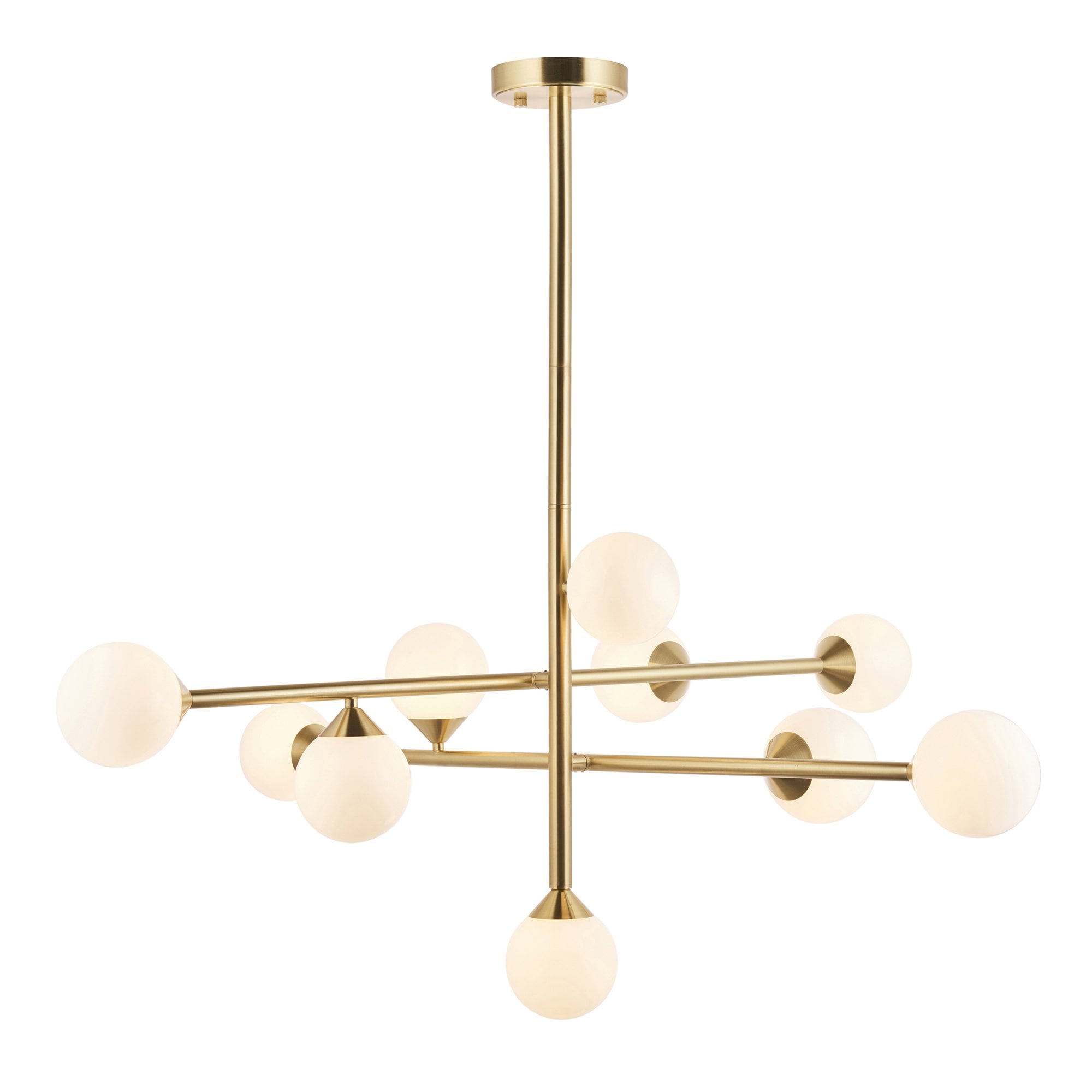 106754 10 Light Pendant Satin Brass Plate & Gloss White Glass