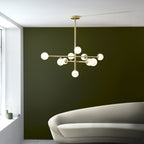 106754 10 Light Pendant Satin Brass Plate & Gloss White Glass