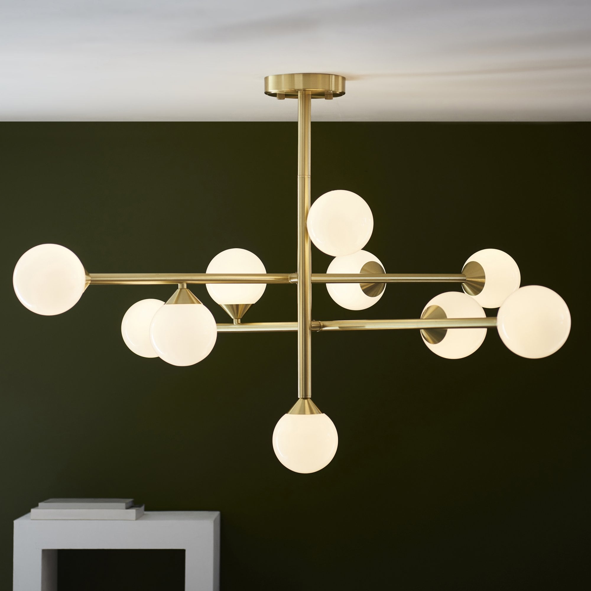 106754 10 Light Pendant Satin Brass Plate & Gloss White Glass