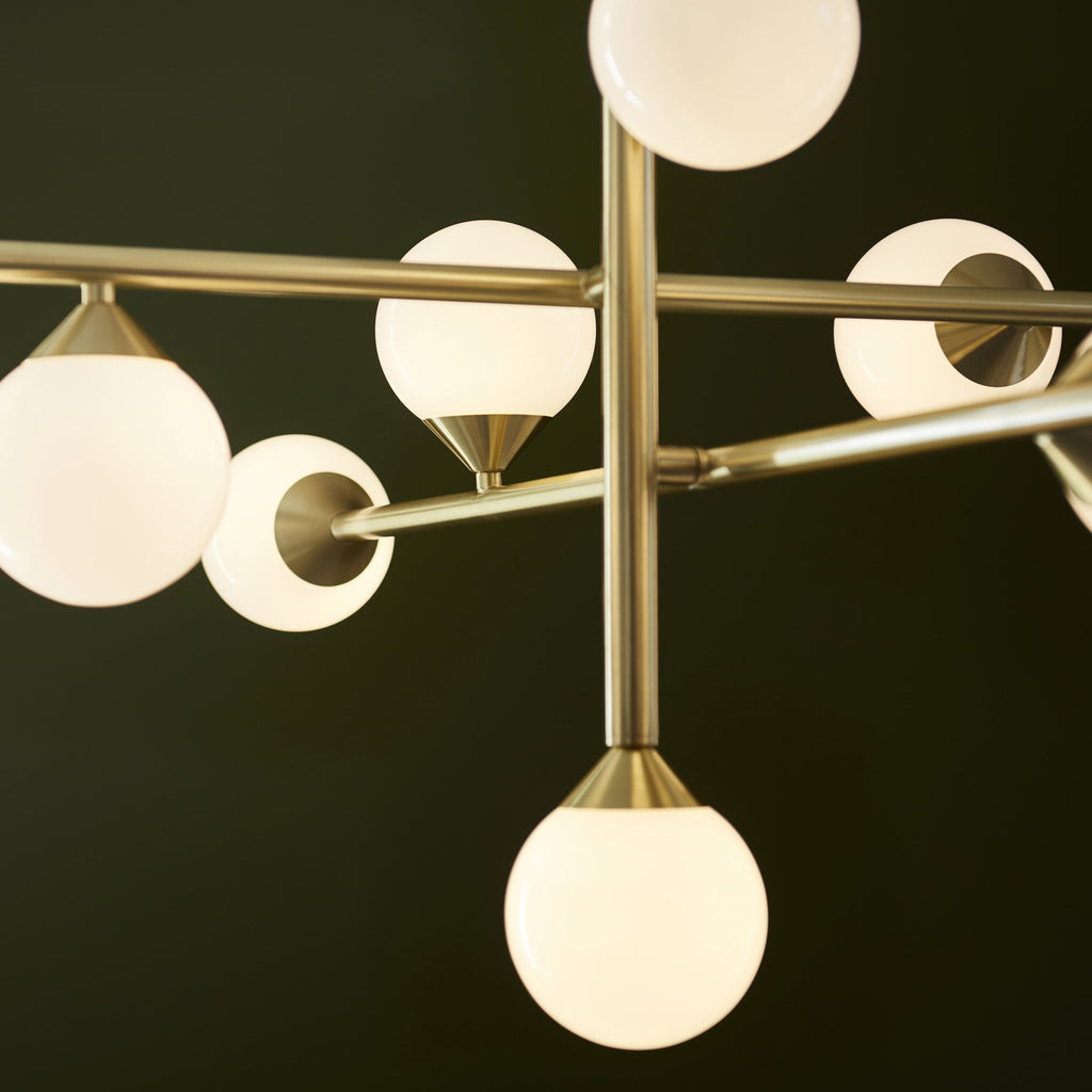 106754 10 Light Pendant Satin Brass Plate & Gloss White Glass
