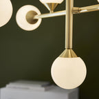 106754 10 Light Pendant Satin Brass Plate & Gloss White Glass