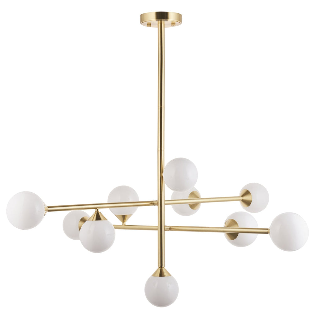 106754 10 Light Pendant Satin Brass Plate & Gloss White Glass