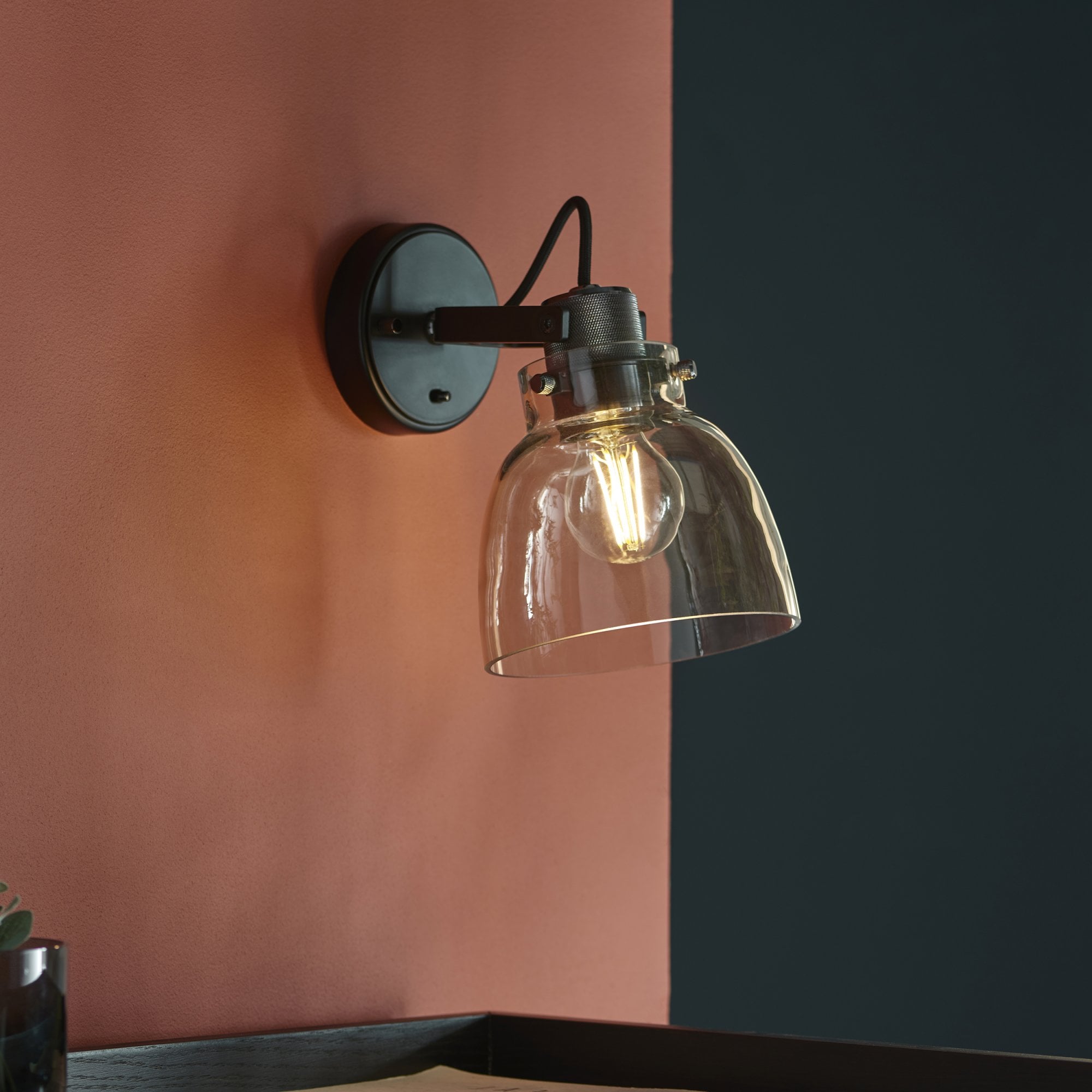 107011 1 Light Wall Light Smokey Grey Tinted Glass & Black Chrome Plate