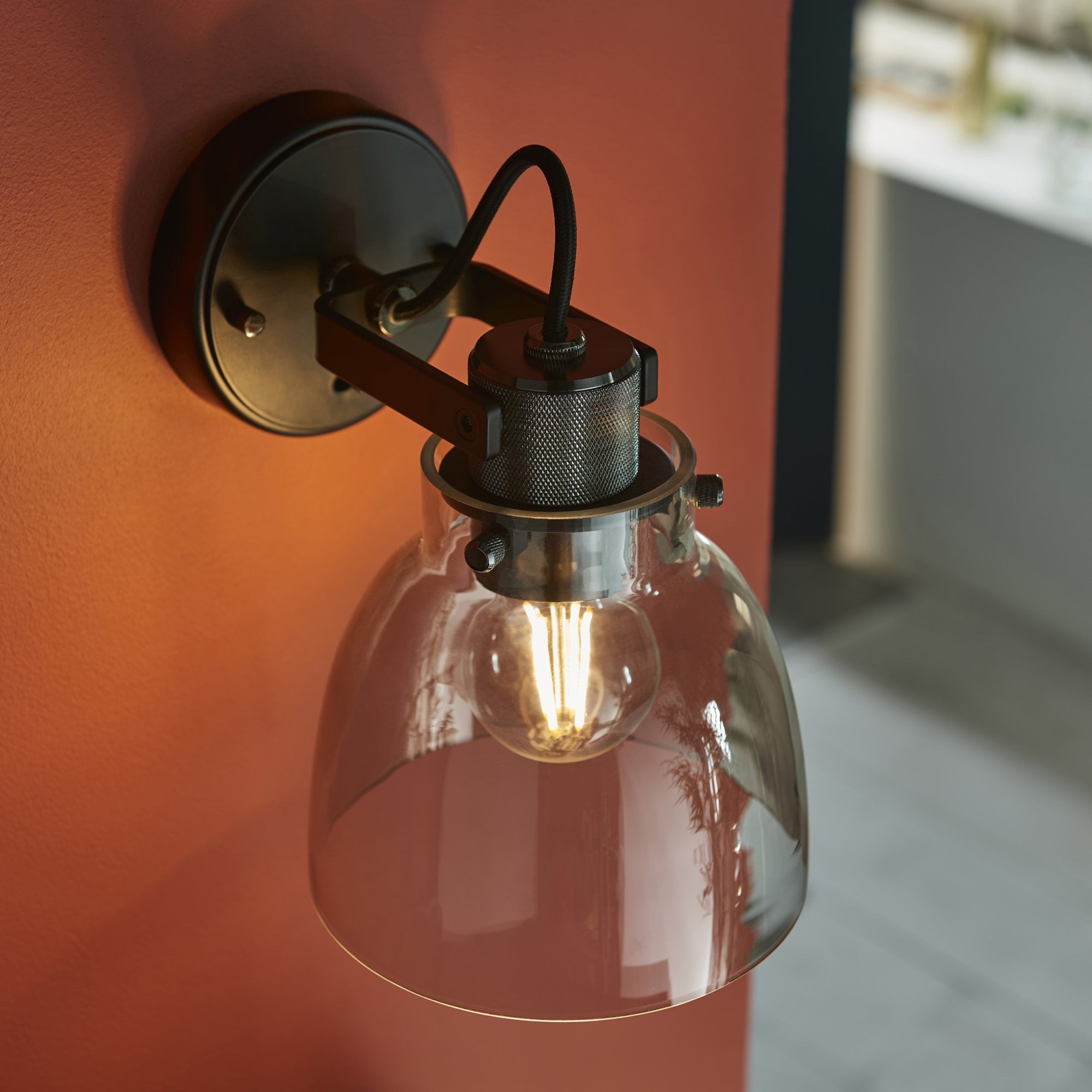107011 1 Light Wall Light Smokey Grey Tinted Glass & Black Chrome Plate