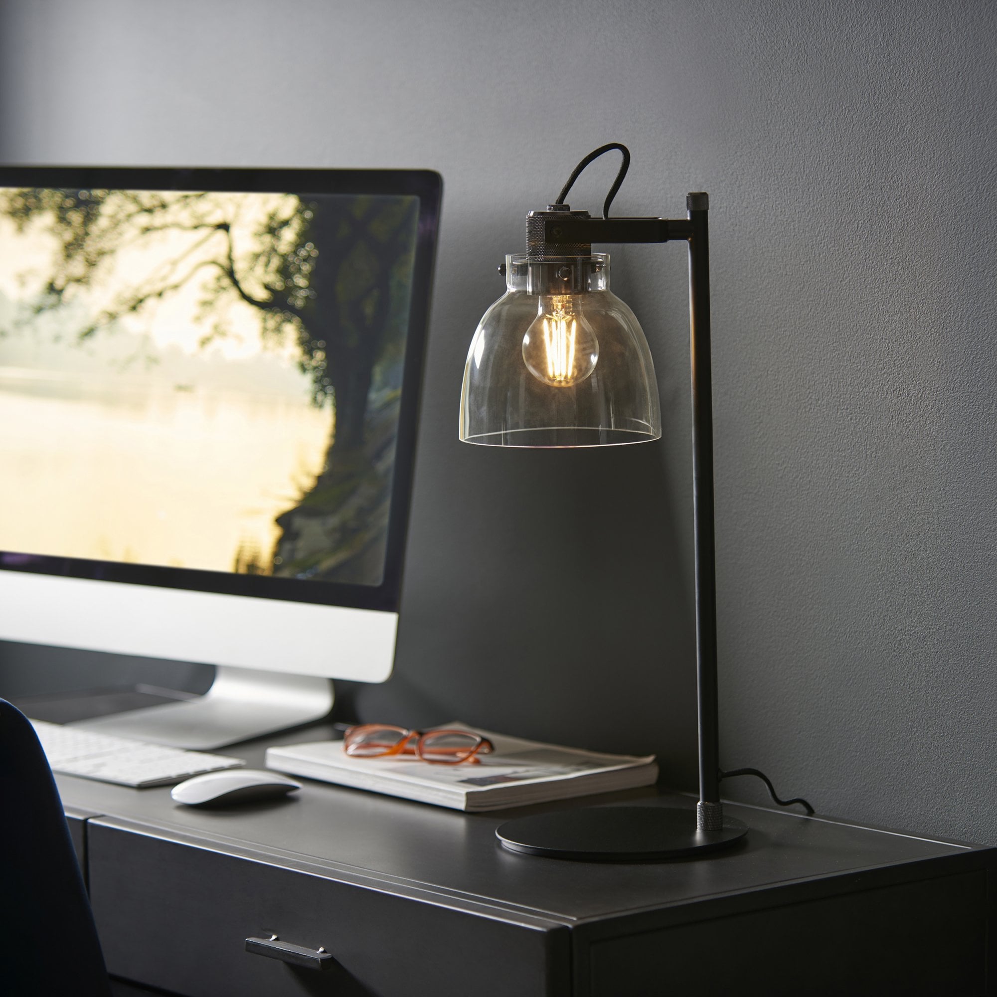 107012 1 Light Table Lamp Smokey Grey Tinted Glass & Black Chrome Plate
