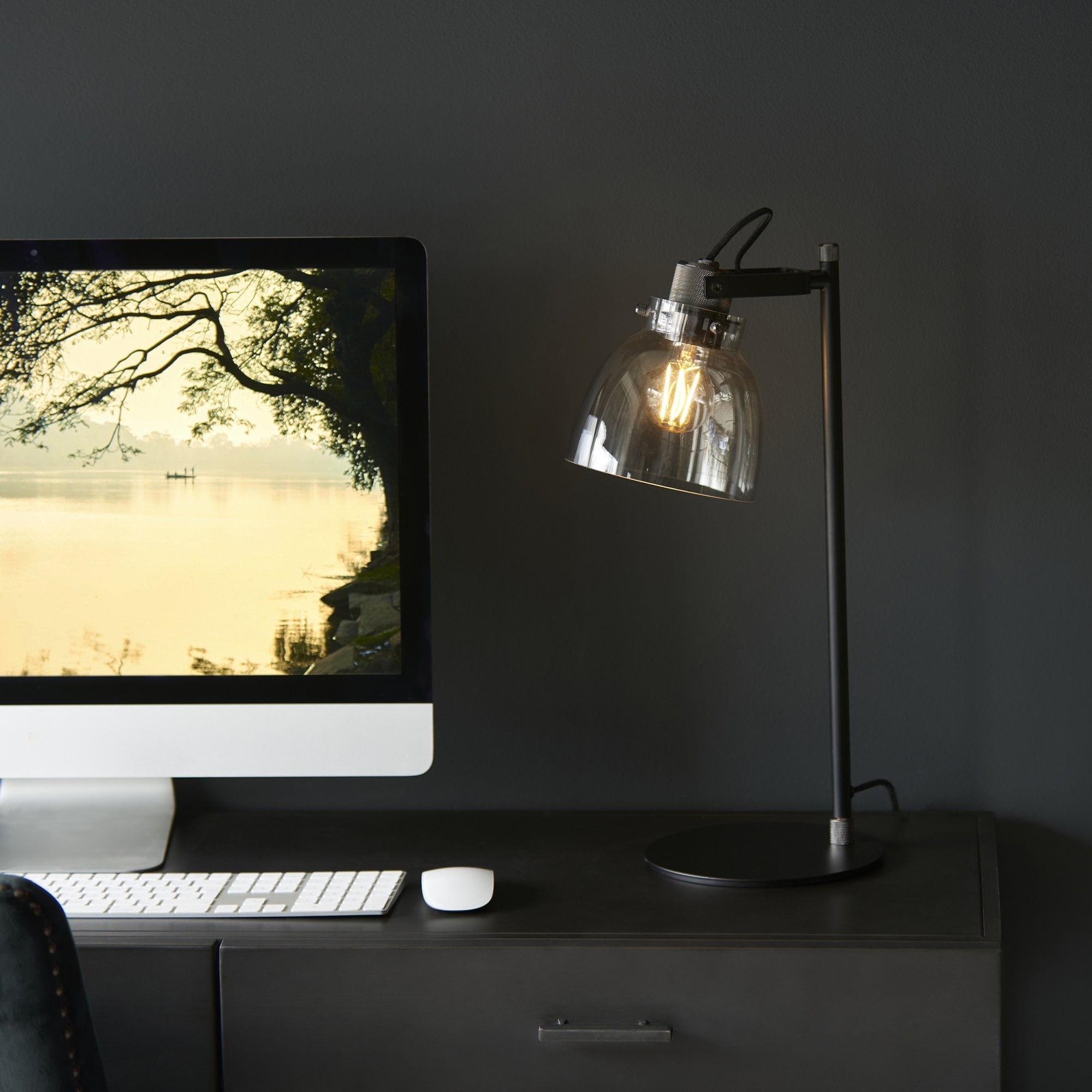 107012 1 Light Table Lamp Smokey Grey Tinted Glass & Black Chrome Plate