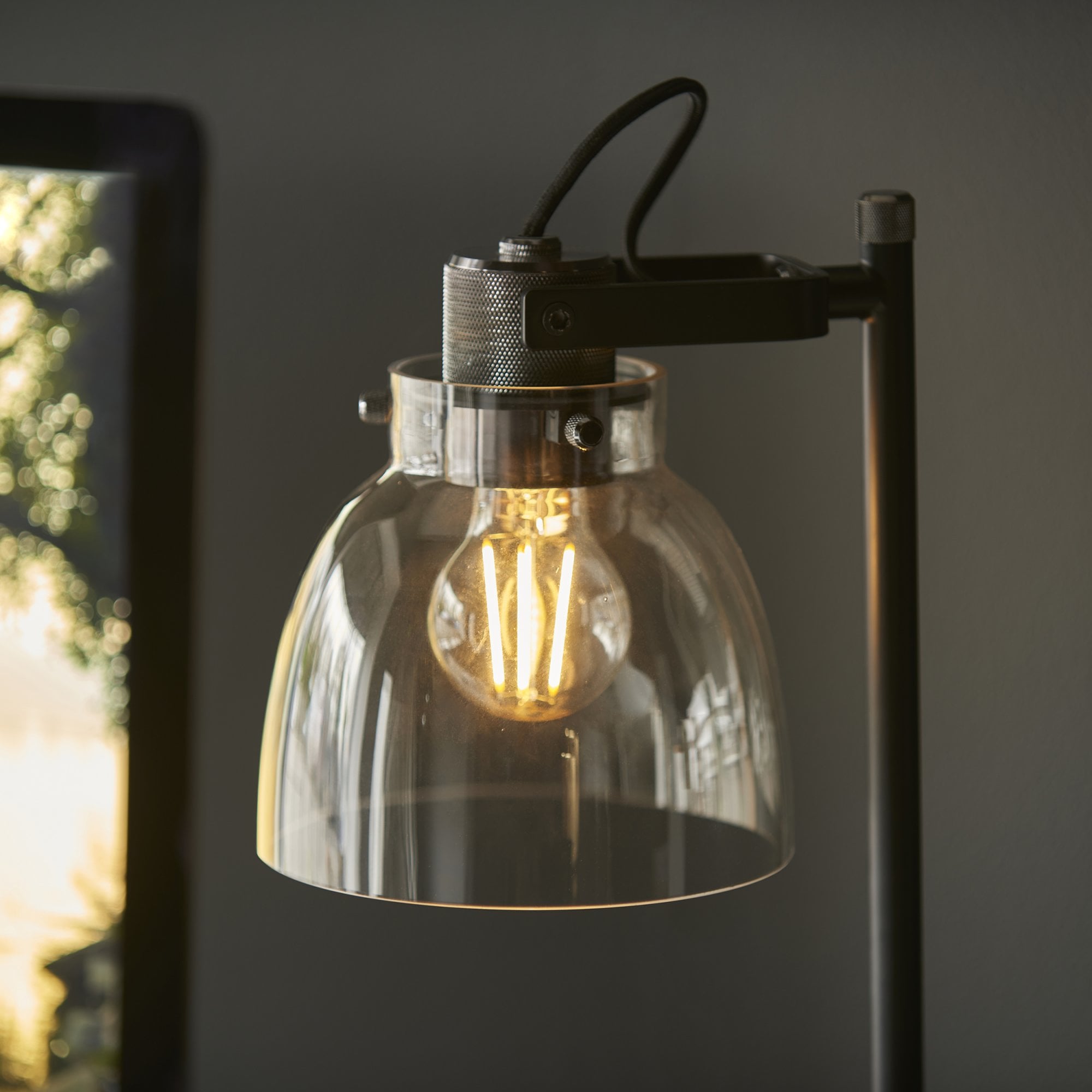 107012 1 Light Table Lamp Smokey Grey Tinted Glass & Black Chrome Plate