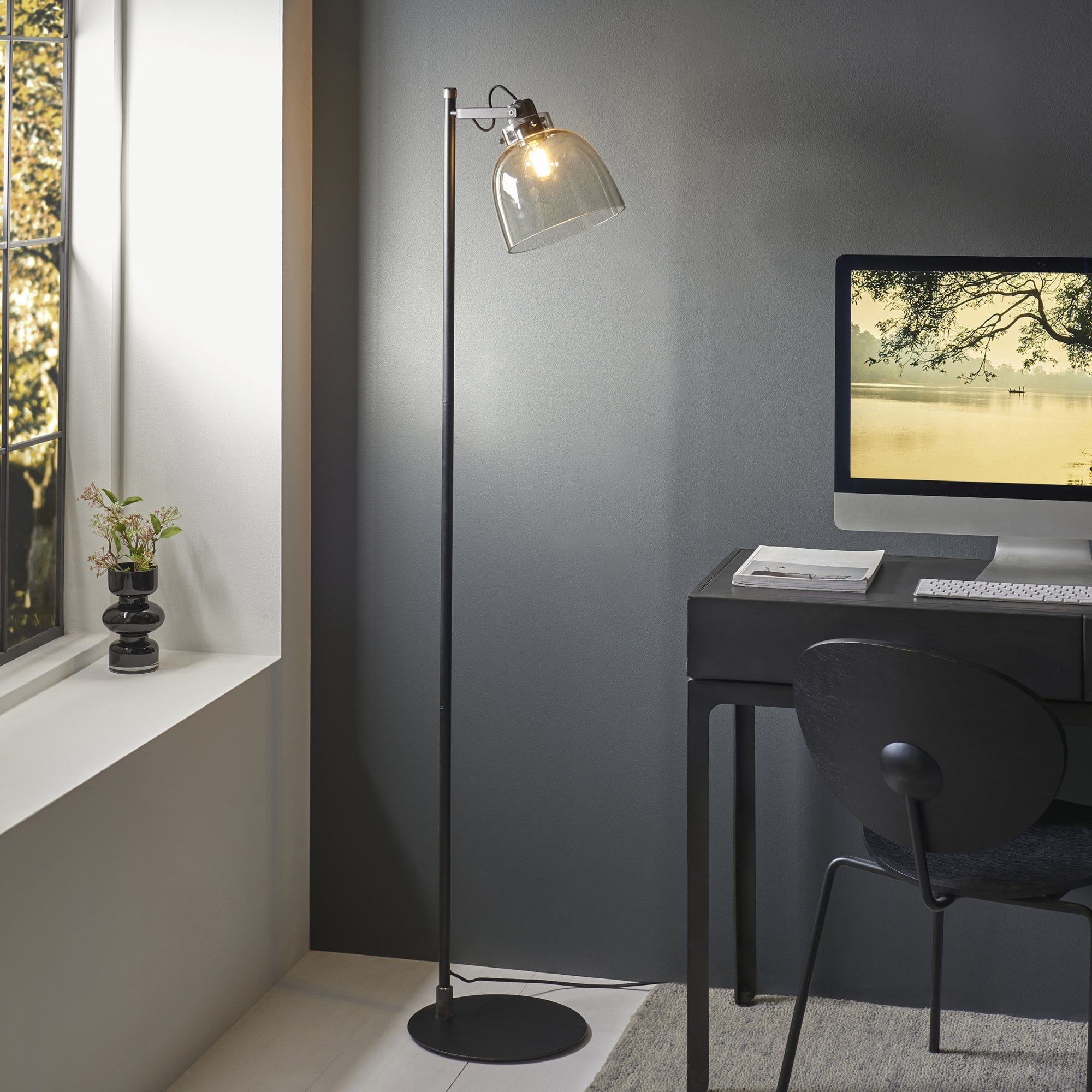 107013 1 Light Floor Lamp Smokey Grey Tinted Glass & Black Chrome Plate