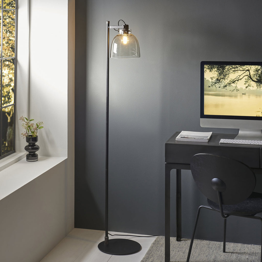 107013 1 Light Floor Lamp Smokey Grey Tinted Glass & Black Chrome Plate