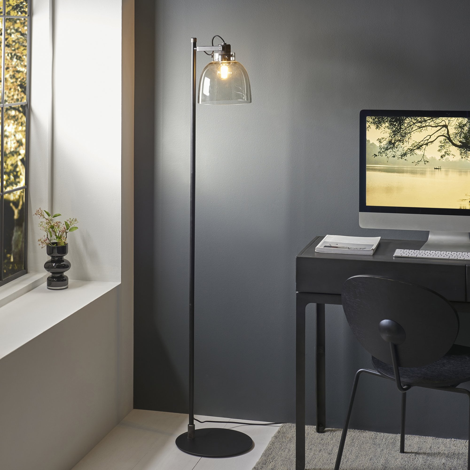 107013 1 Light Floor Lamp Smokey Grey Tinted Glass & Black Chrome Plate
