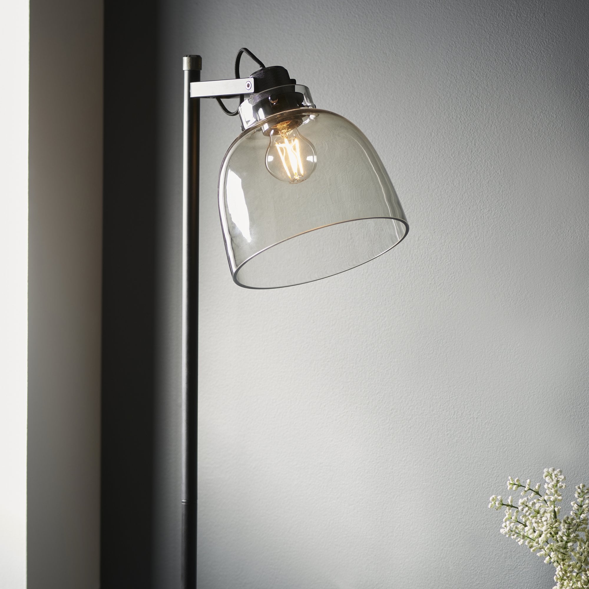 107013 1 Light Floor Lamp Smokey Grey Tinted Glass & Black Chrome Plate