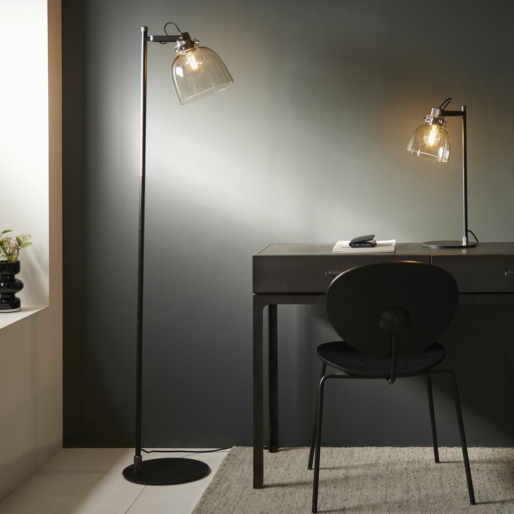 107013 1 Light Floor Lamp Smokey Grey Tinted Glass & Black Chrome Plate