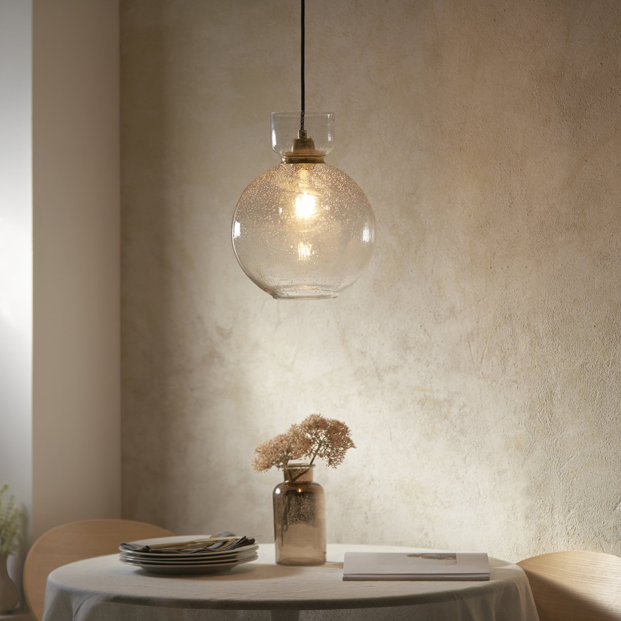 107948 1 Light Pendant Brass Plate & Clear Bubble Glass