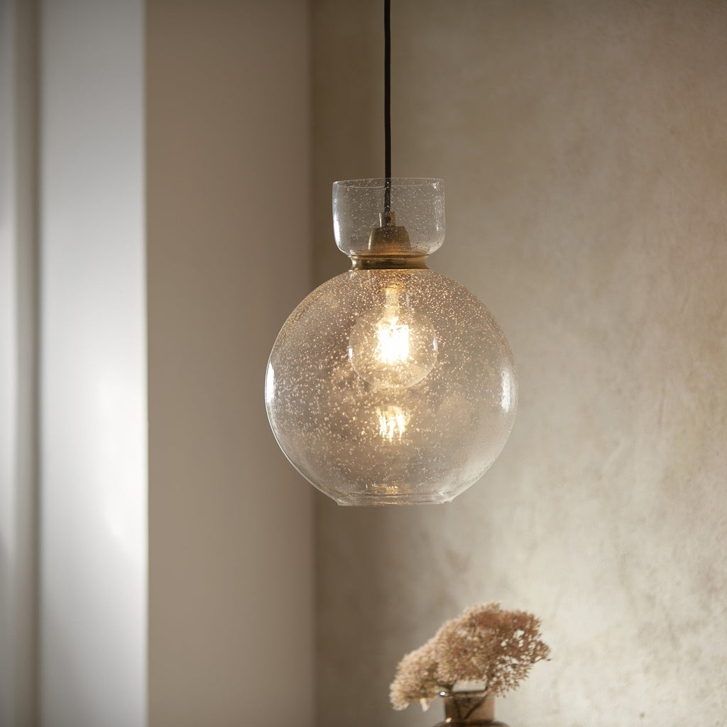 107948 1 Light Pendant Brass Plate & Clear Bubble Glass