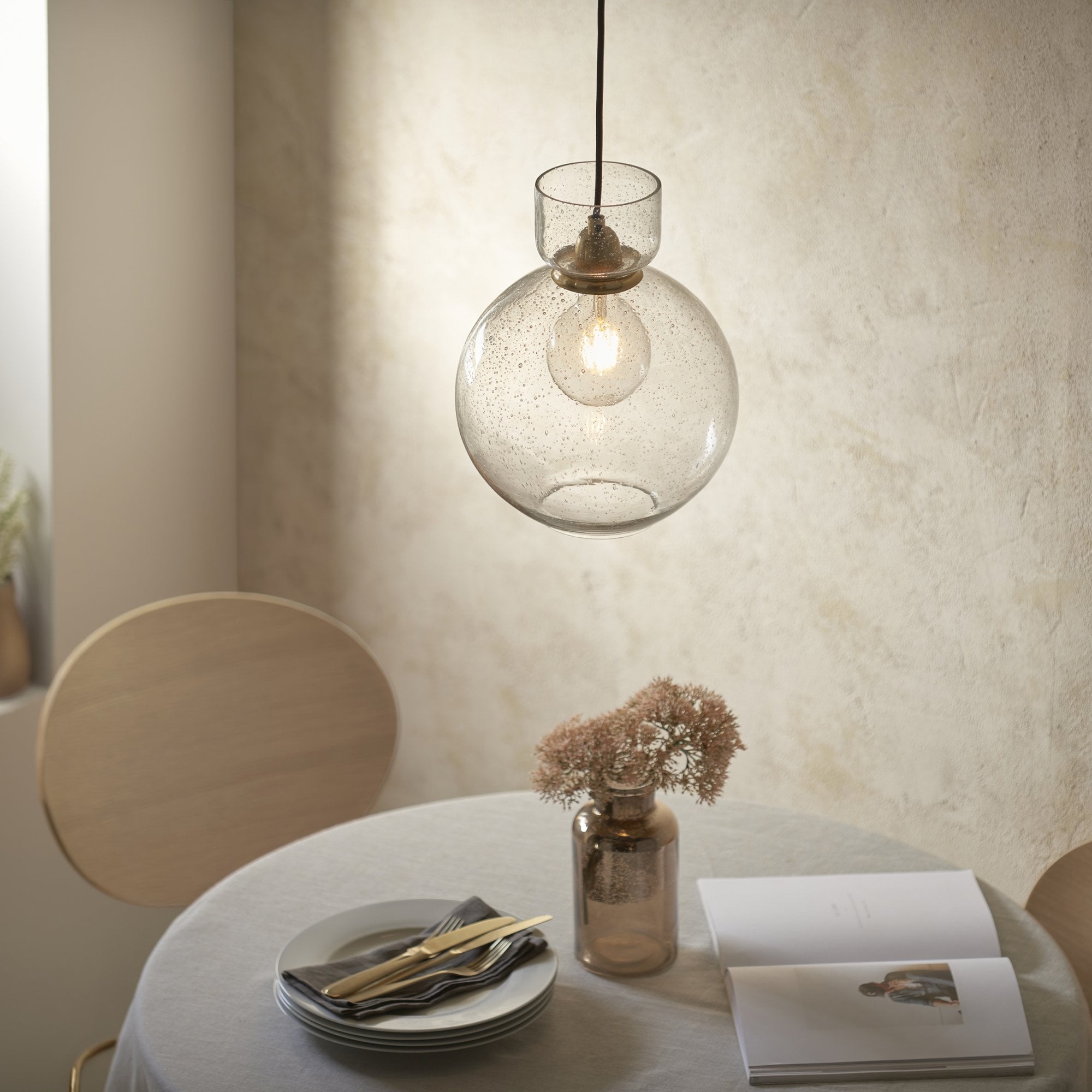 107948 1 Light Pendant Brass Plate & Clear Bubble Glass