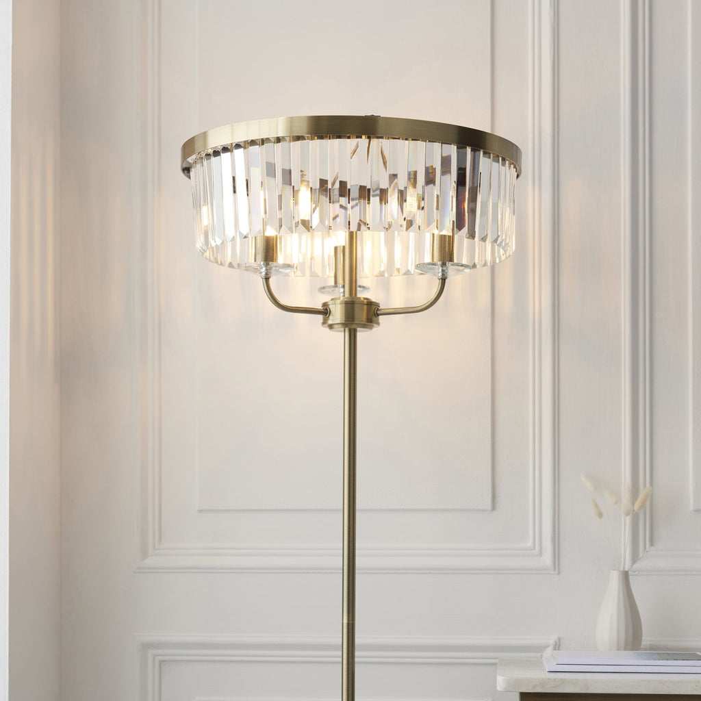 110644 3 Light Floor Lamp Antique Brass Plate & Clear Cut Glass