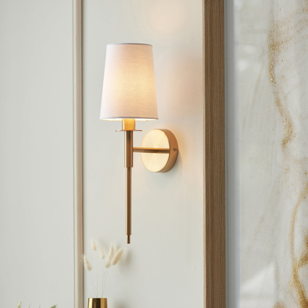 110738 1 Light Wall Light With Shade Vintage Brass & Vintage White Fabr