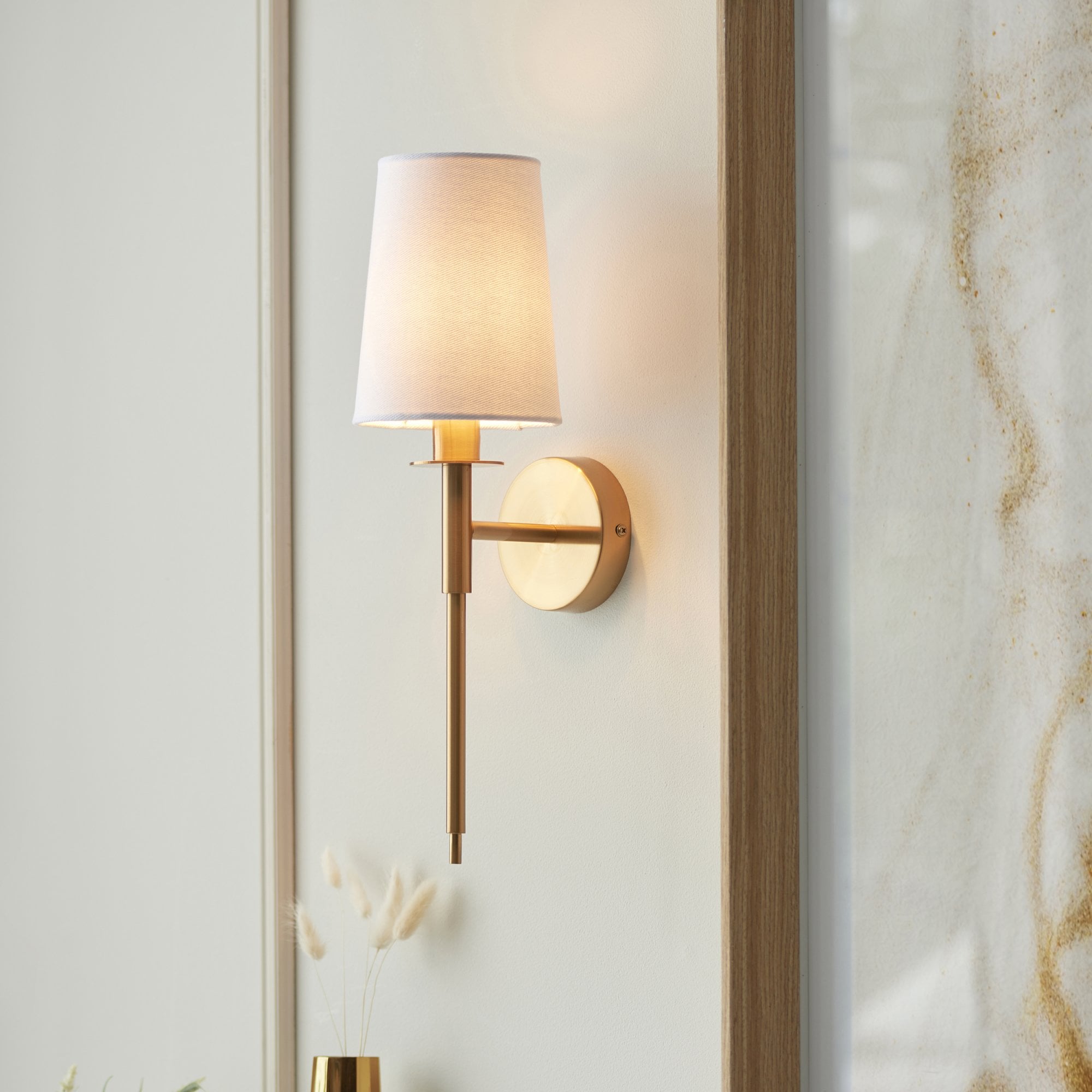 110738 1 Light Wall Light With Shade Vintage Brass & Vintage White Fabr