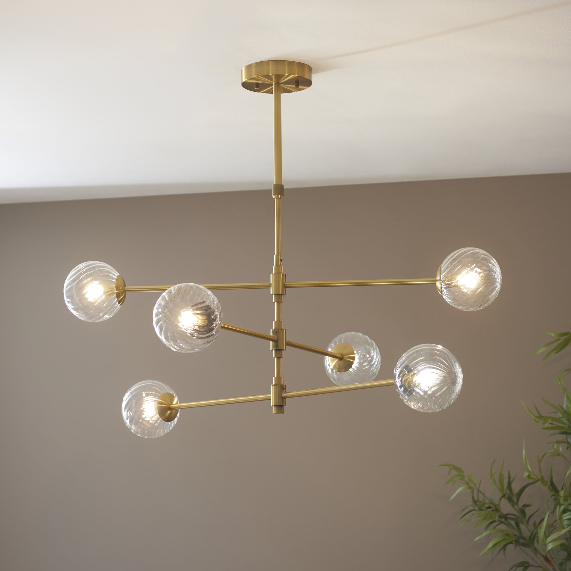 114039 6 Light Pendant Brushed Aged Brass Plate & Clear Glass