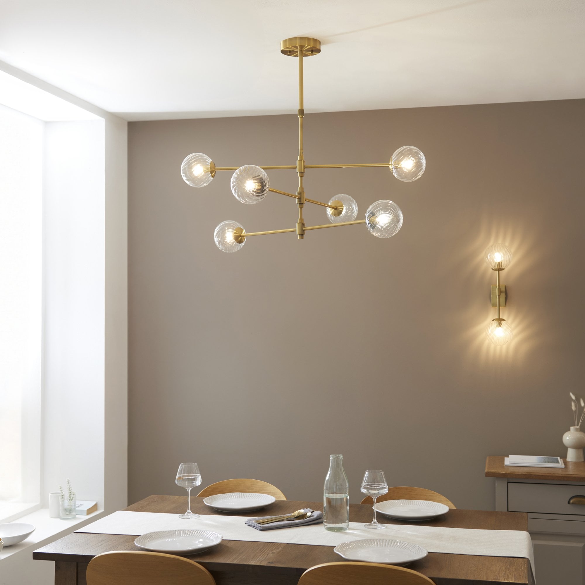 114039 6 Light Pendant Brushed Aged Brass Plate & Clear Glass