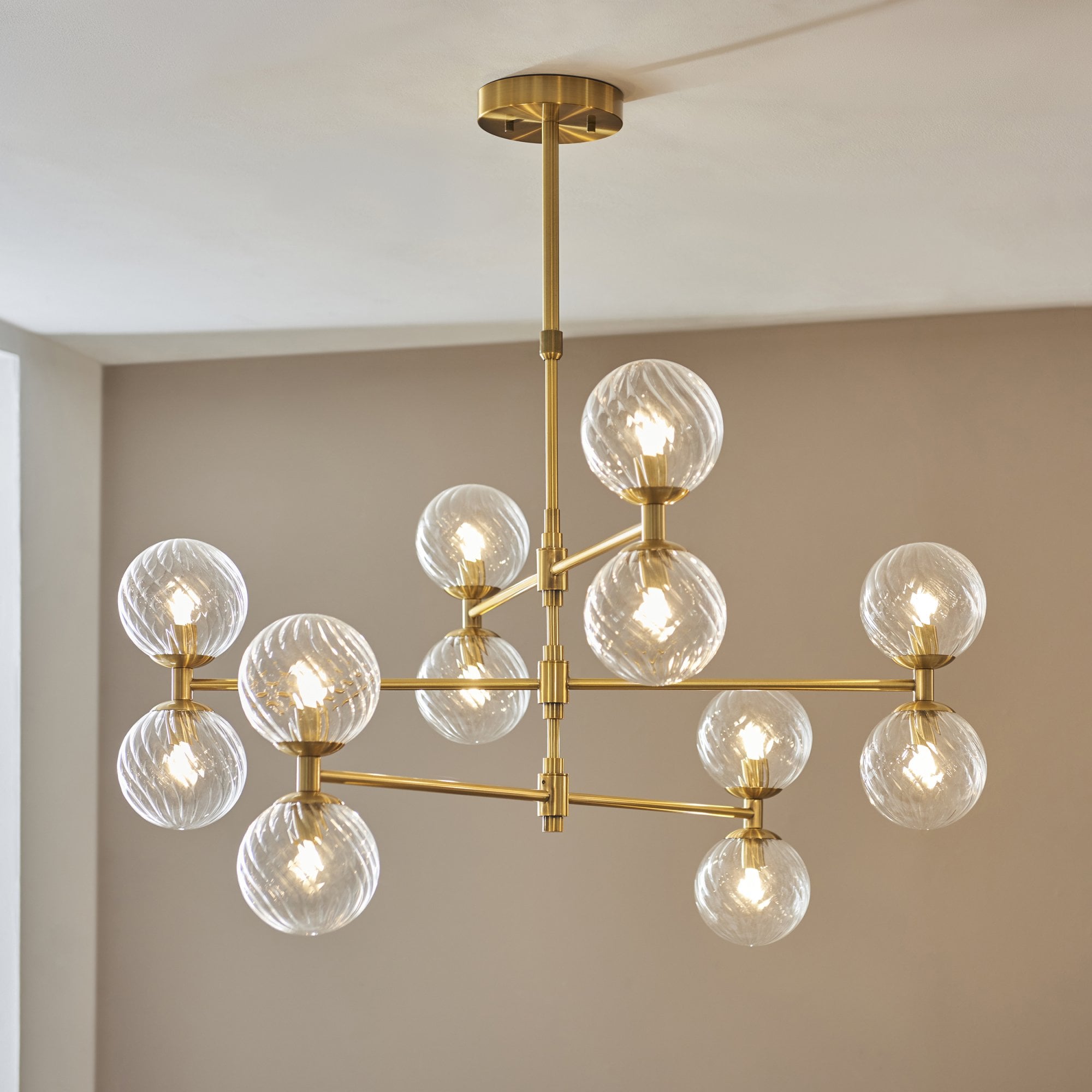 114041 12 Light Pendant Brushed Aged Brass Plate & Clear Glass