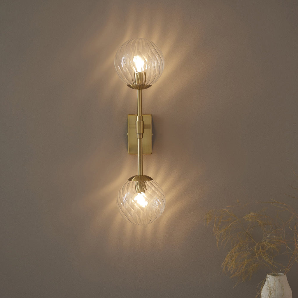 114042 2 Light Wall Light Brushed Aged Brass Plate & Clear Glass