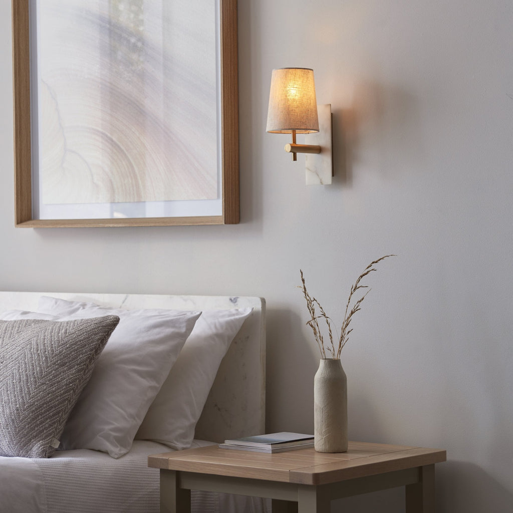 114200 1 Light Wall Light With Shade Vintage Brass, White Marble Effect