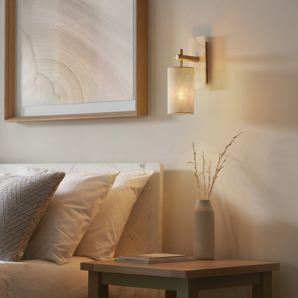 114201 1 Light Wall Light With Shade Vintage Brass, White Marble Effect