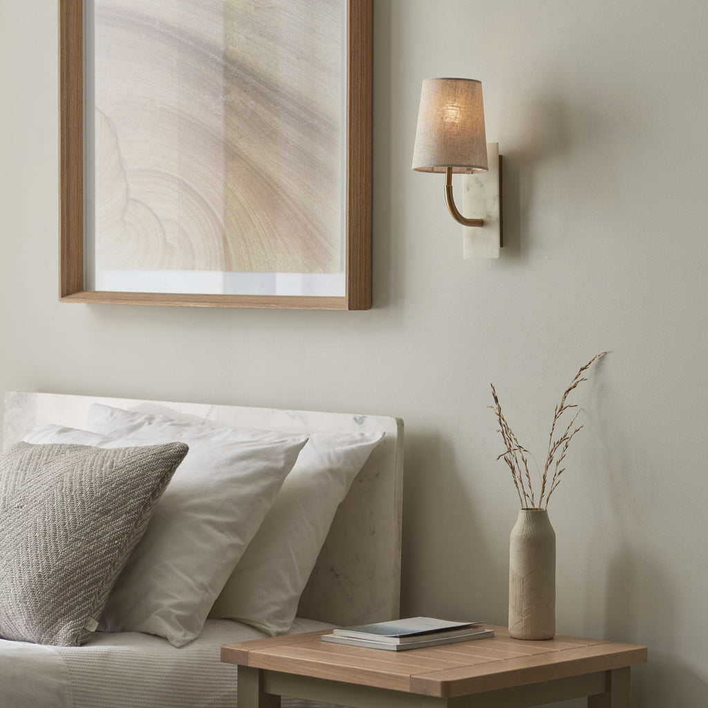 114202 1 Light Wall Light With Shade Vintage Brass, White Marble Effect