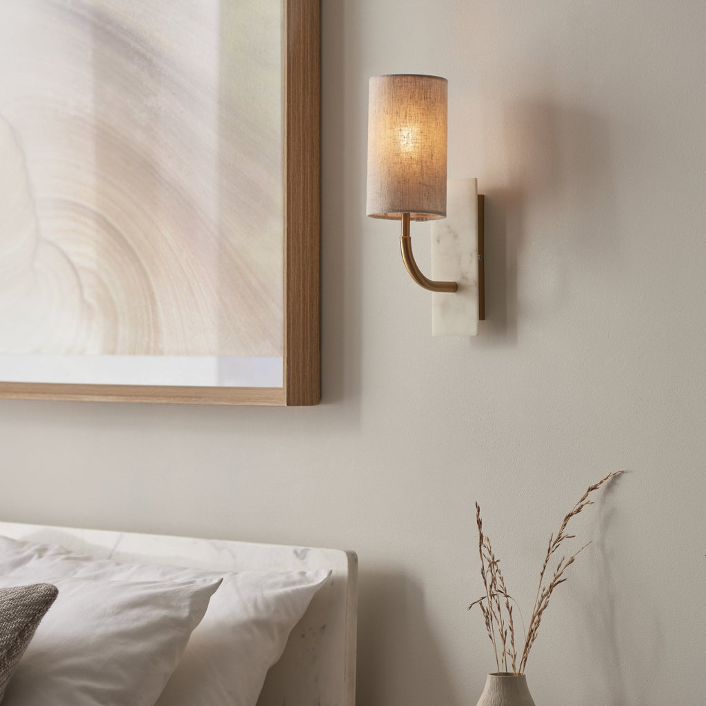 114203 1 Light Wall Light With Shade Vintage Brass, White Marble Effect