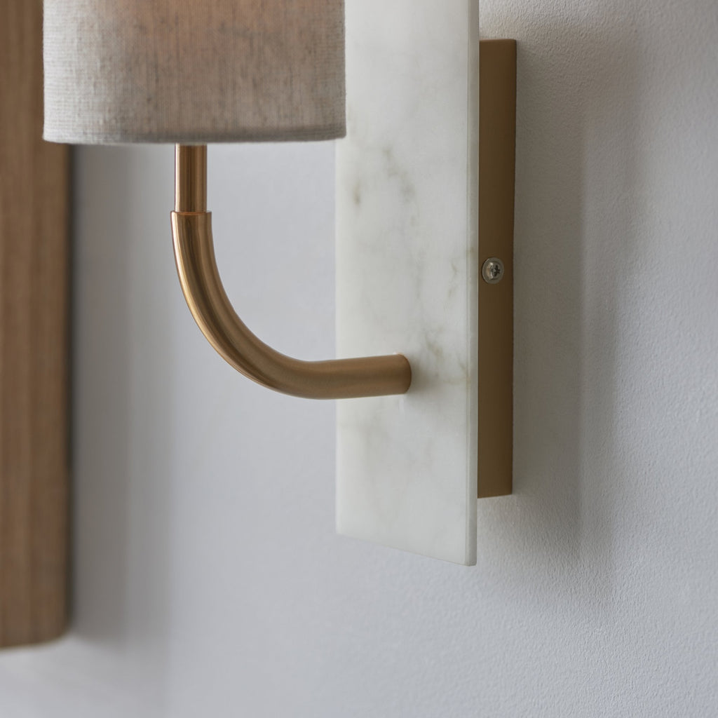 114203 1 Light Wall Light With Shade Vintage Brass, White Marble Effect