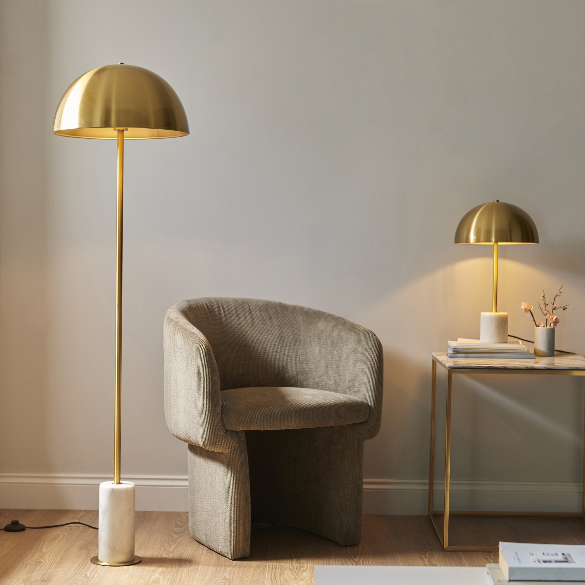 114208 1 Light Floor Lamp Brushed Aged Brass Plate & White Marble