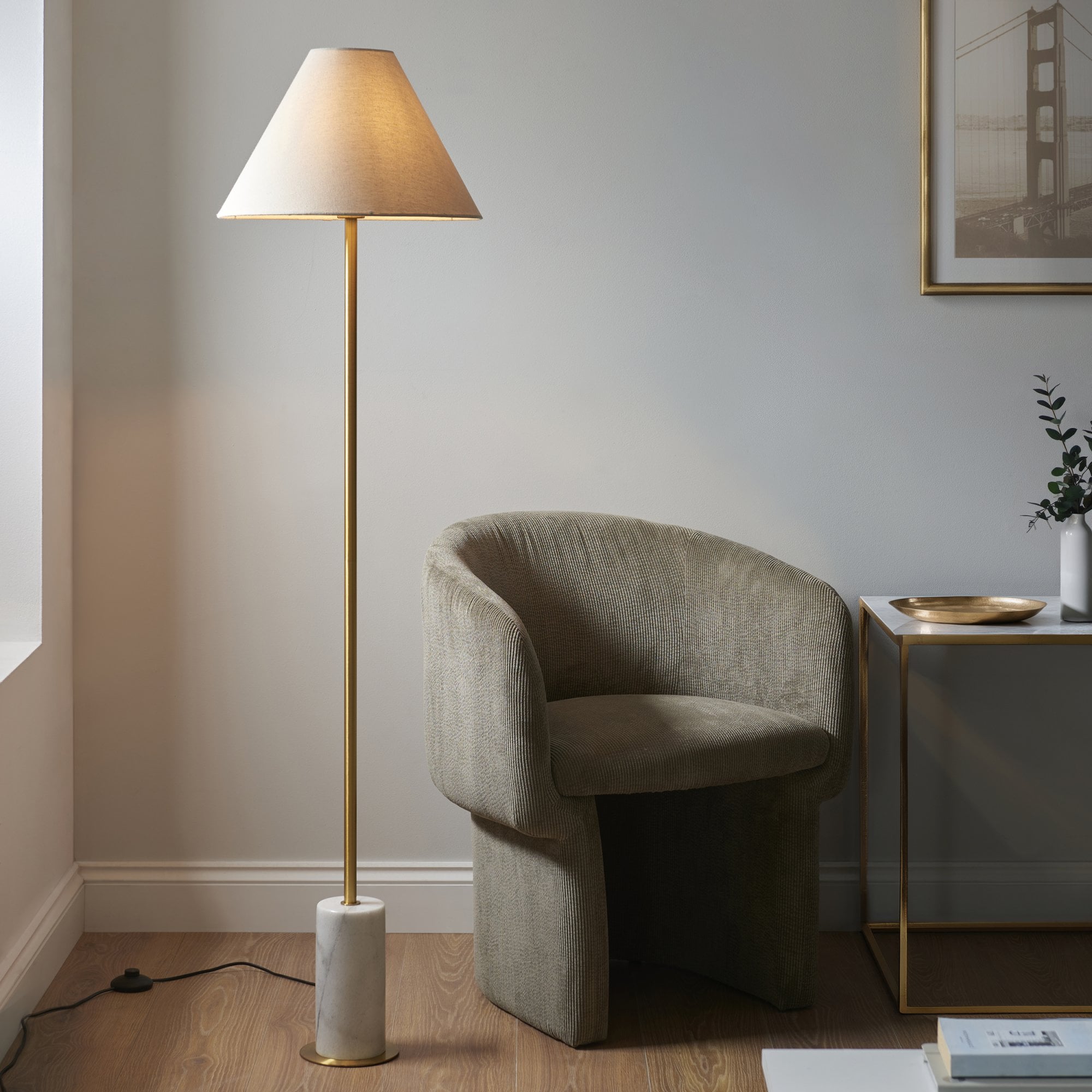 114209 1 Light Floor Lamp Brushed Aged Brass Plate, White Marble & Natu
