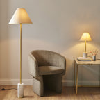 114209 1 Light Floor Lamp Brushed Aged Brass Plate, White Marble & Natu
