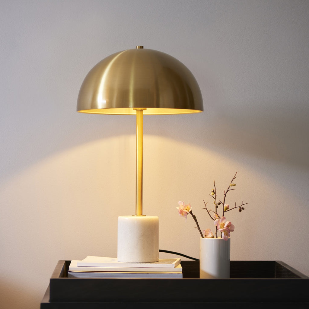 114210 1 Light Table Lamp Brushed Aged Brass Plate & White Marble