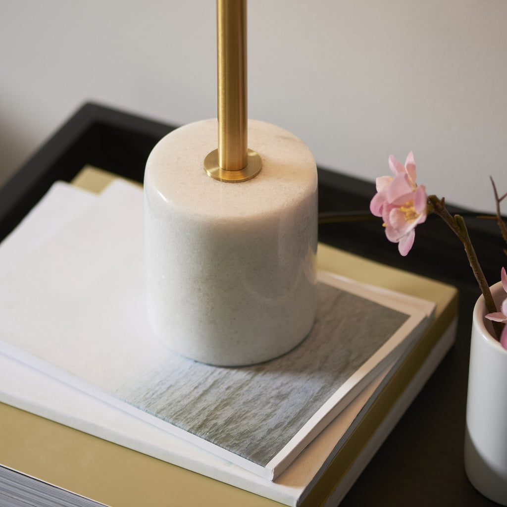 114210 1 Light Table Lamp Brushed Aged Brass Plate & White Marble
