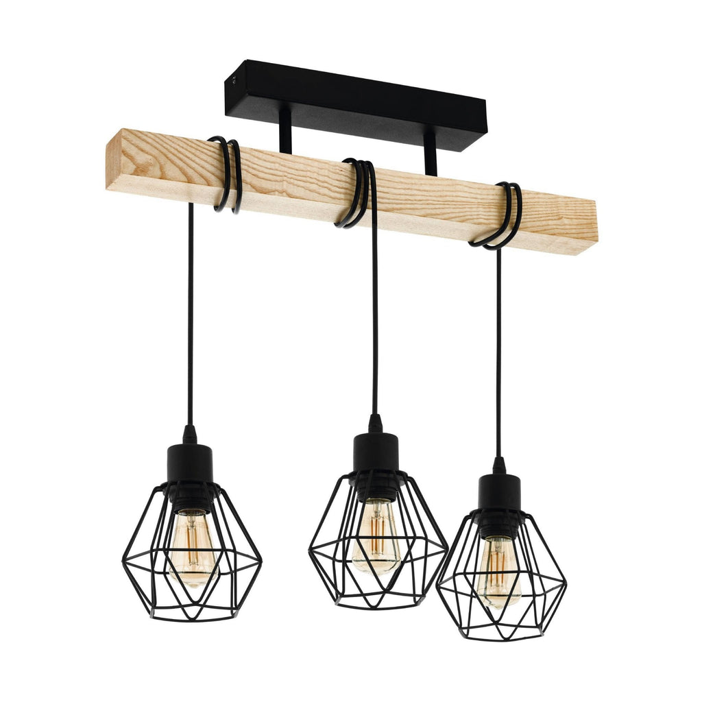 44074 Townshend 5 Black/Natural Wood 3-Light Ceiling Pendant