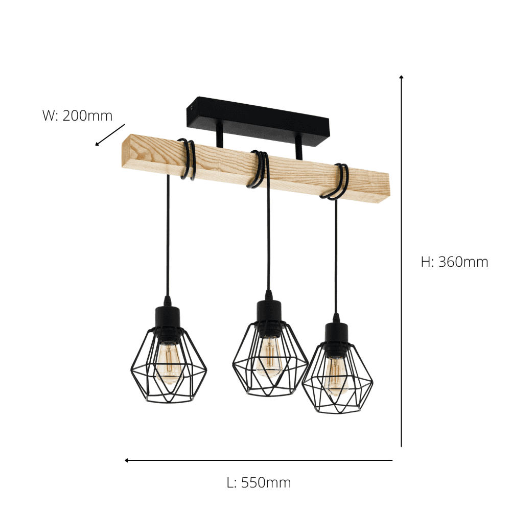 44074 Townshend 5 Black/Natural Wood 3-Light Ceiling Pendant