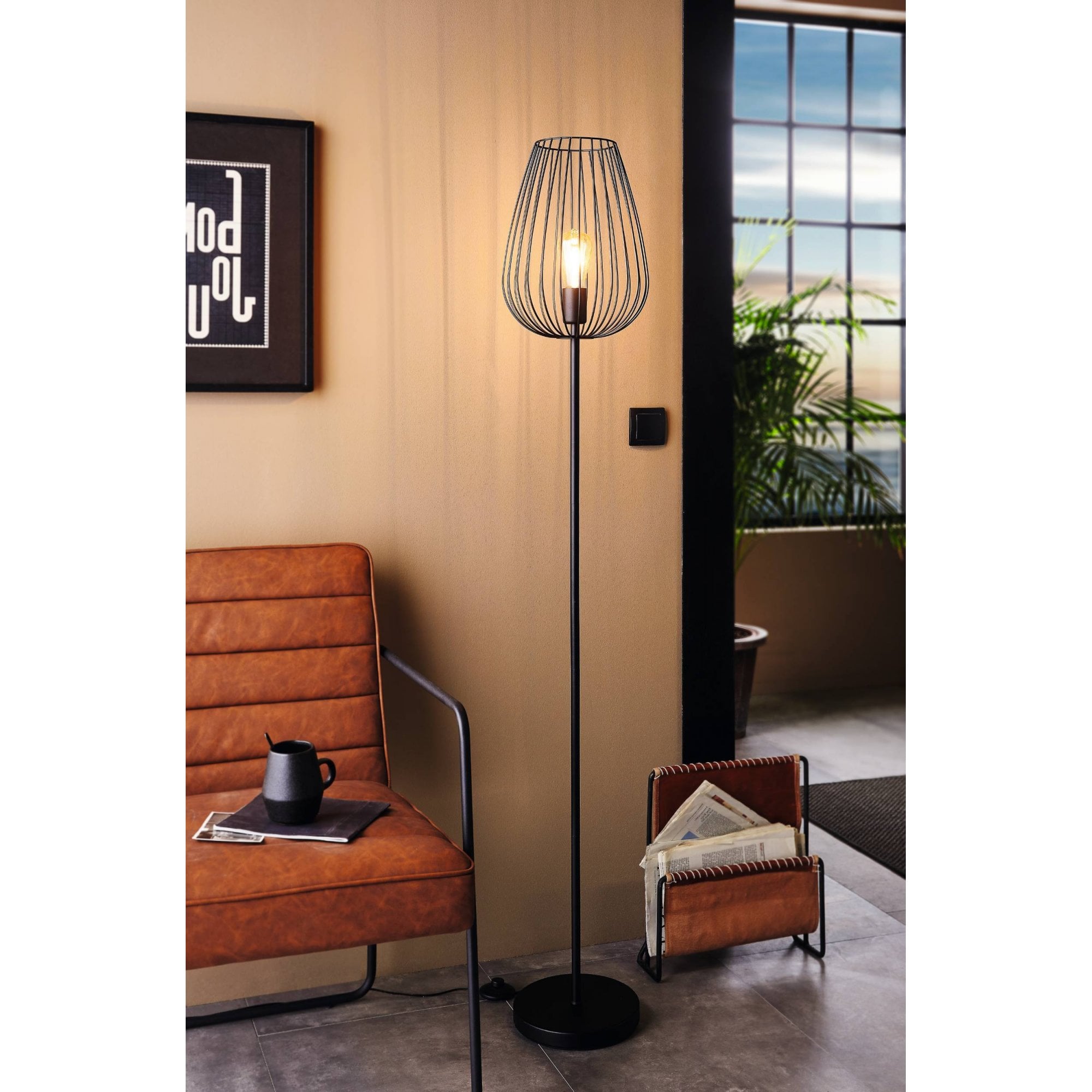 49474 Newtown 1-Light Vintage Caged Floor Lamp In Black