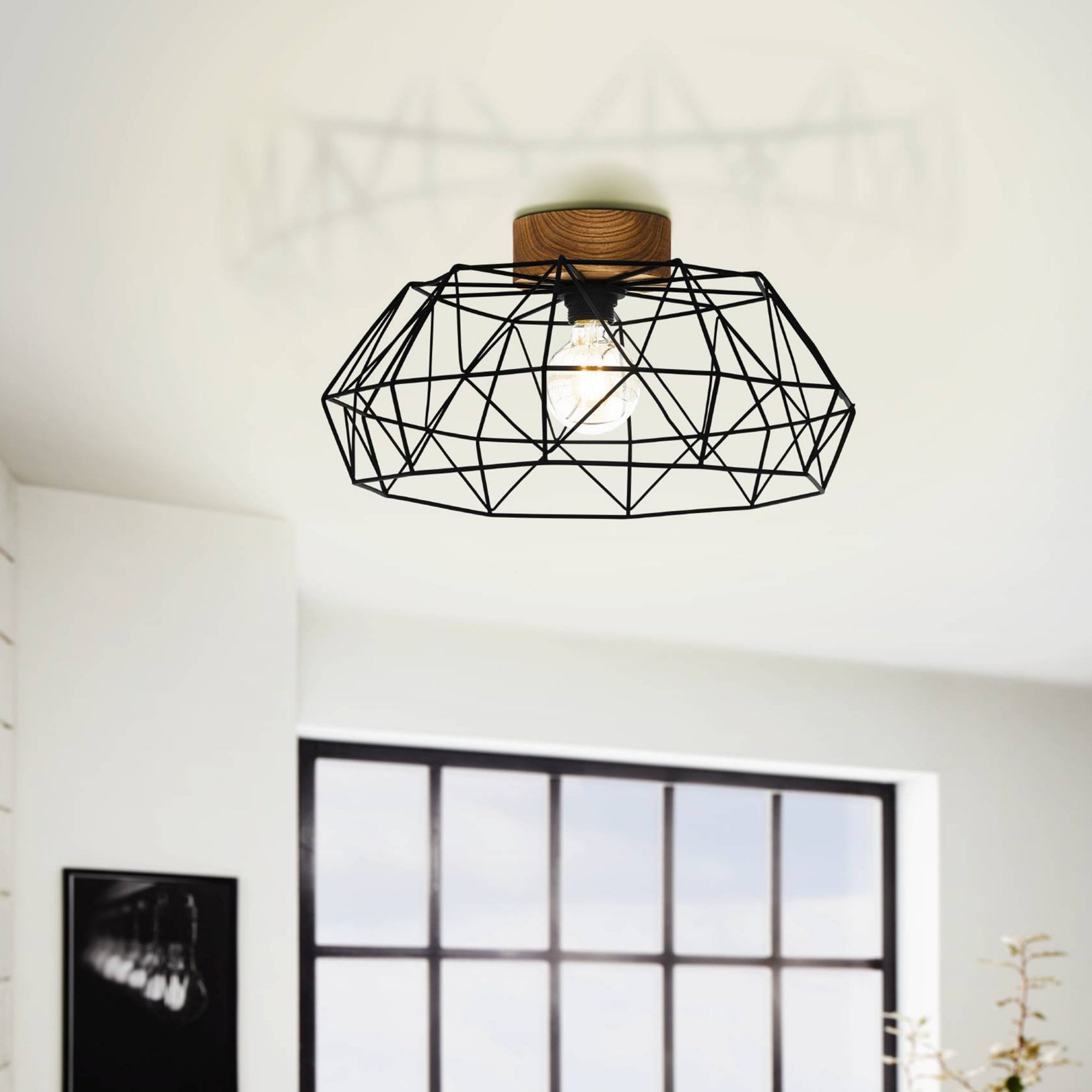 44088 Padstow Black and Natural Metal/Wood Ceiling Light