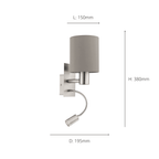 96478 Pasteri Taupe Fabric LED Wall Lamp With Reading Light
